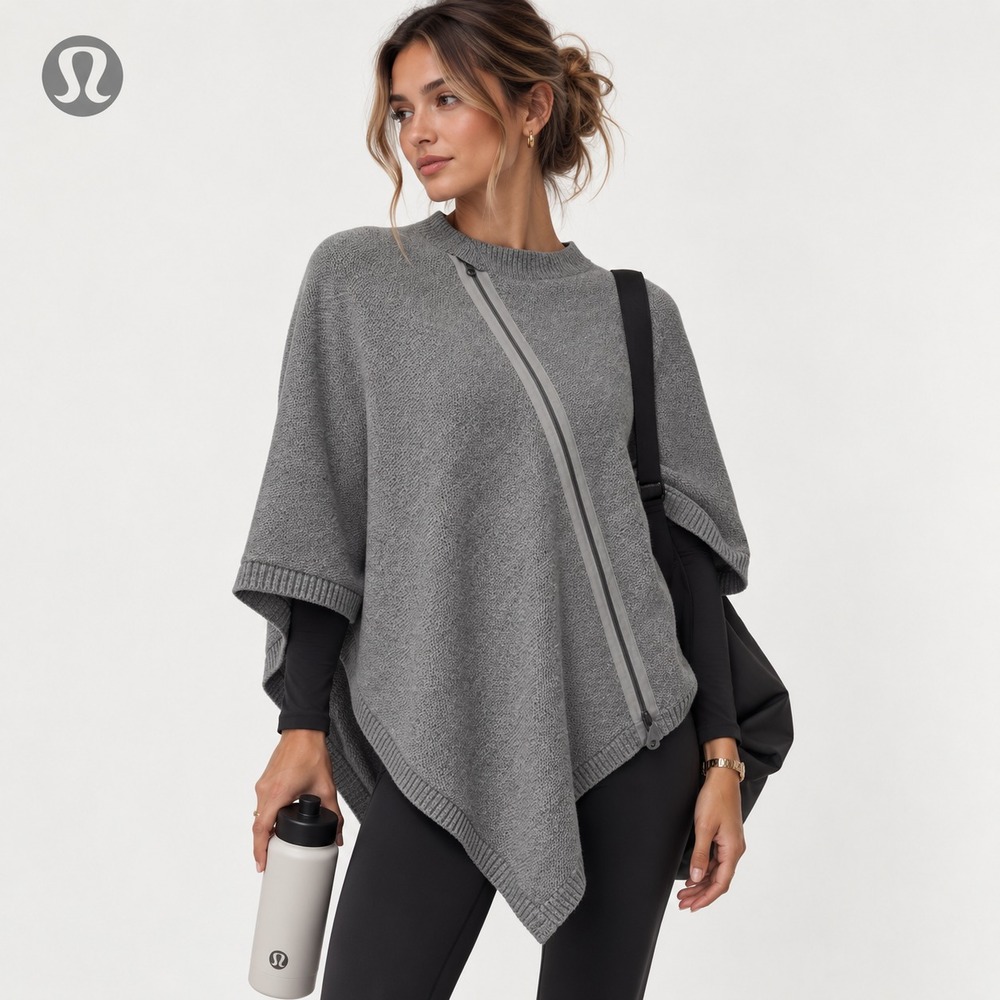 LULULEMON Women's Poncho OS 100% Merino Wool Full Zip Asymmetrical Gray